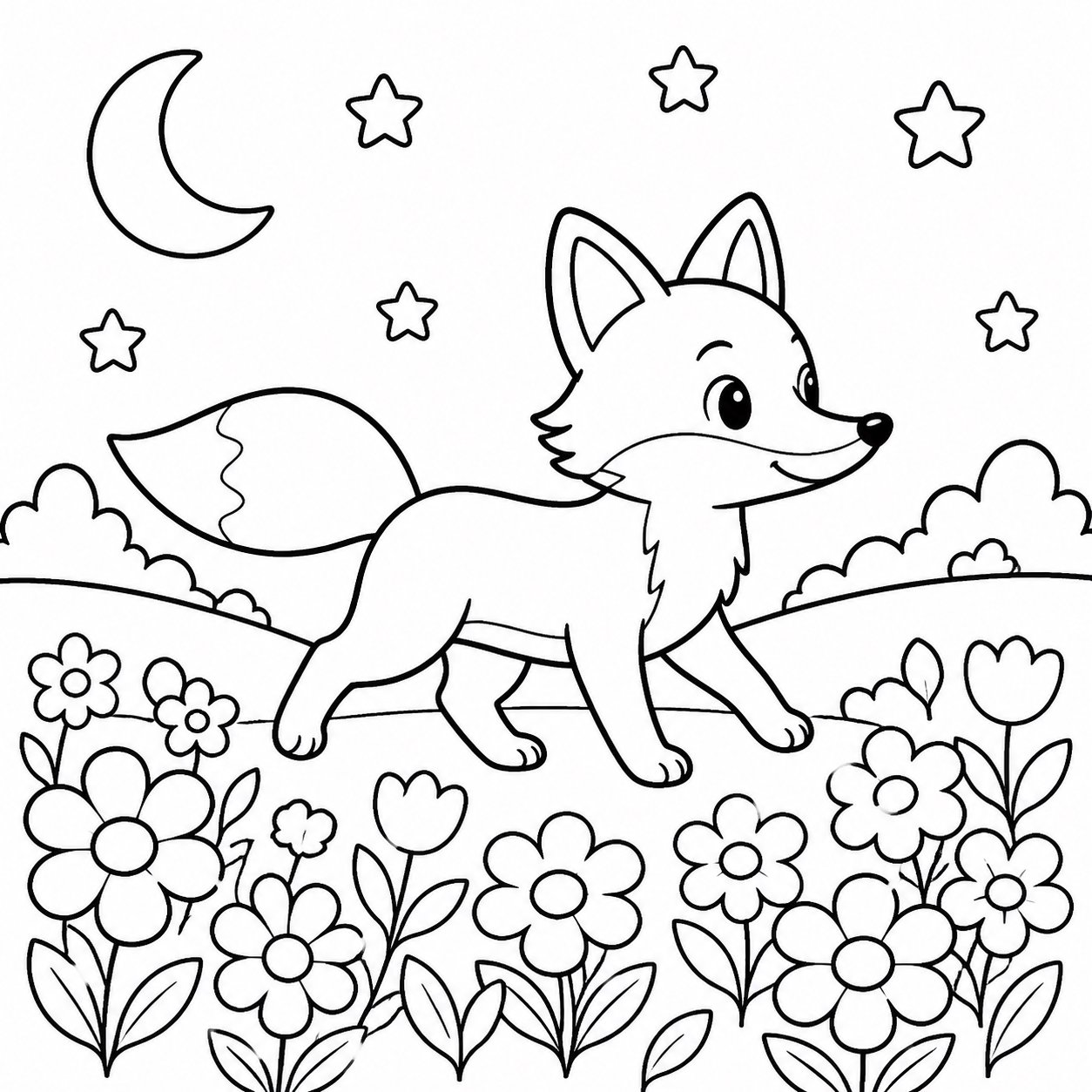 Zorro nocturno pasando por un campo de flores