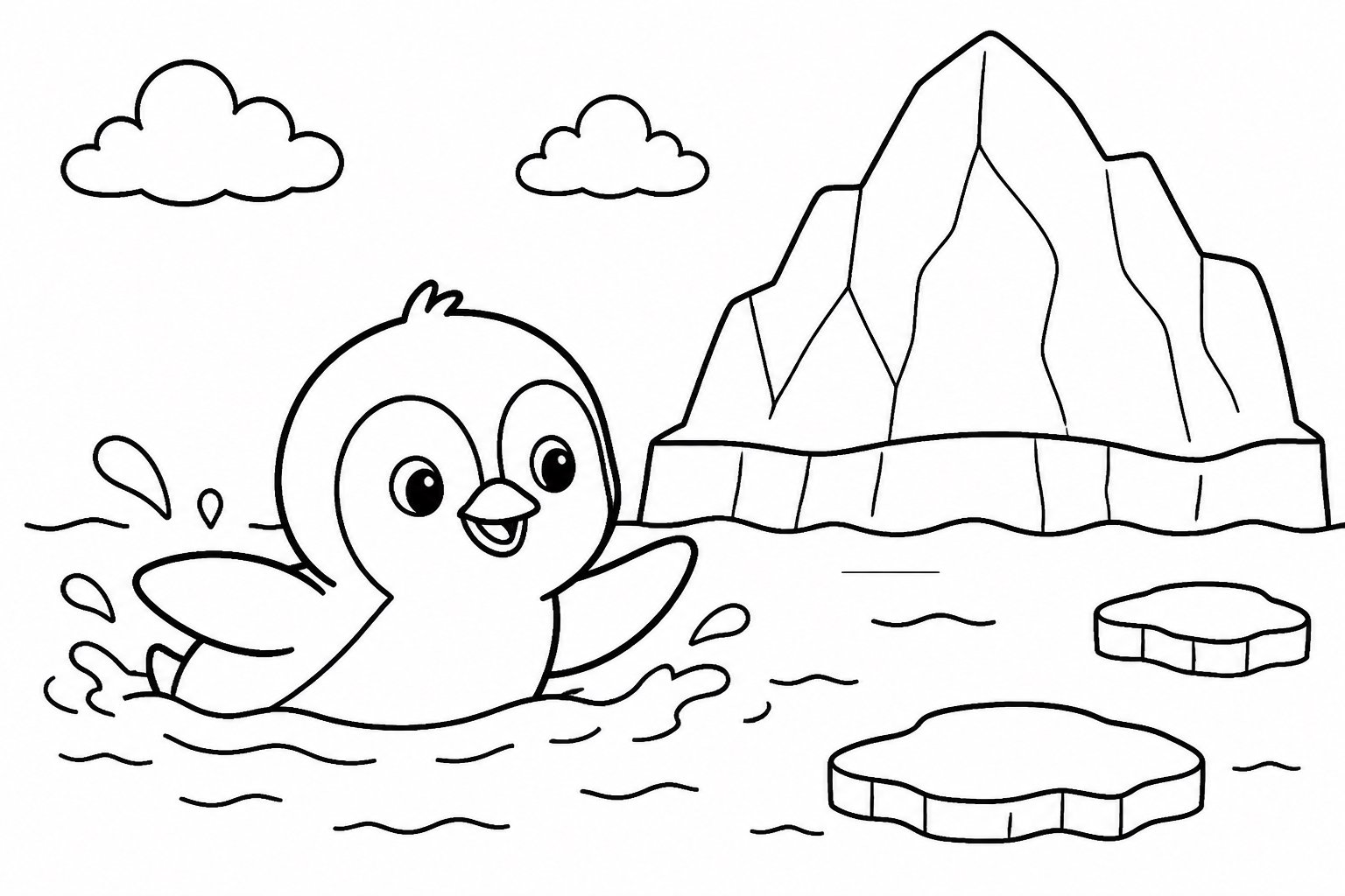 Pinguinzinho remando ao lado de um iceberg
