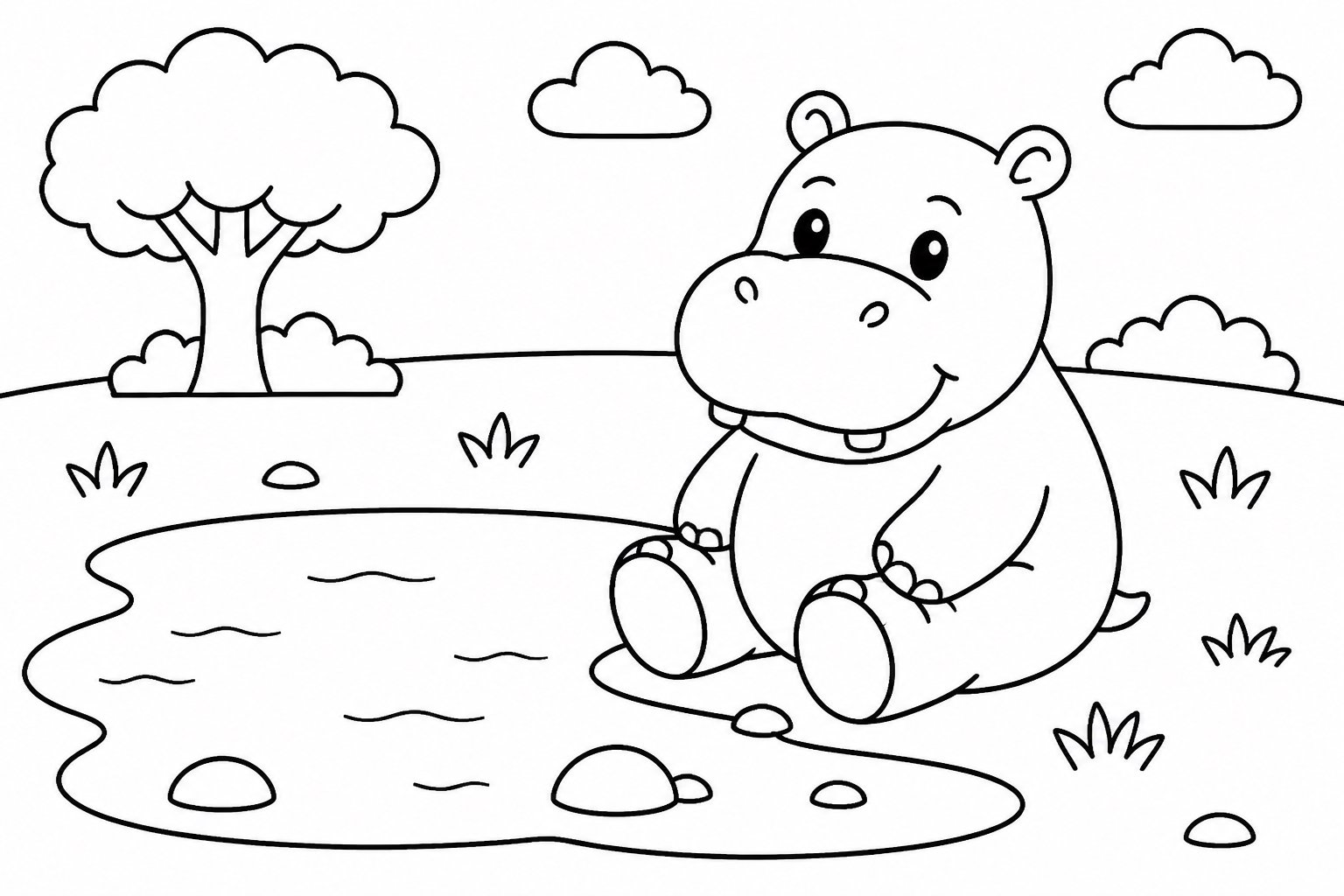 Hippopotame assis près d’un étang