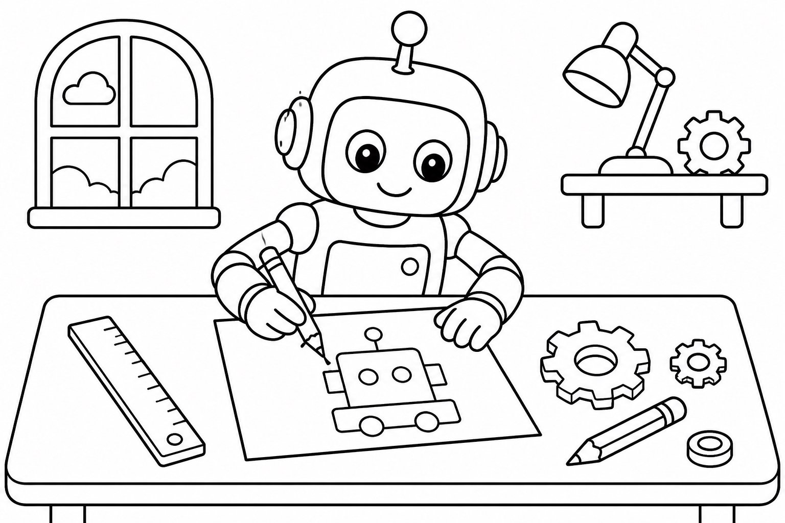 Pequeño robot dibujando en el taller