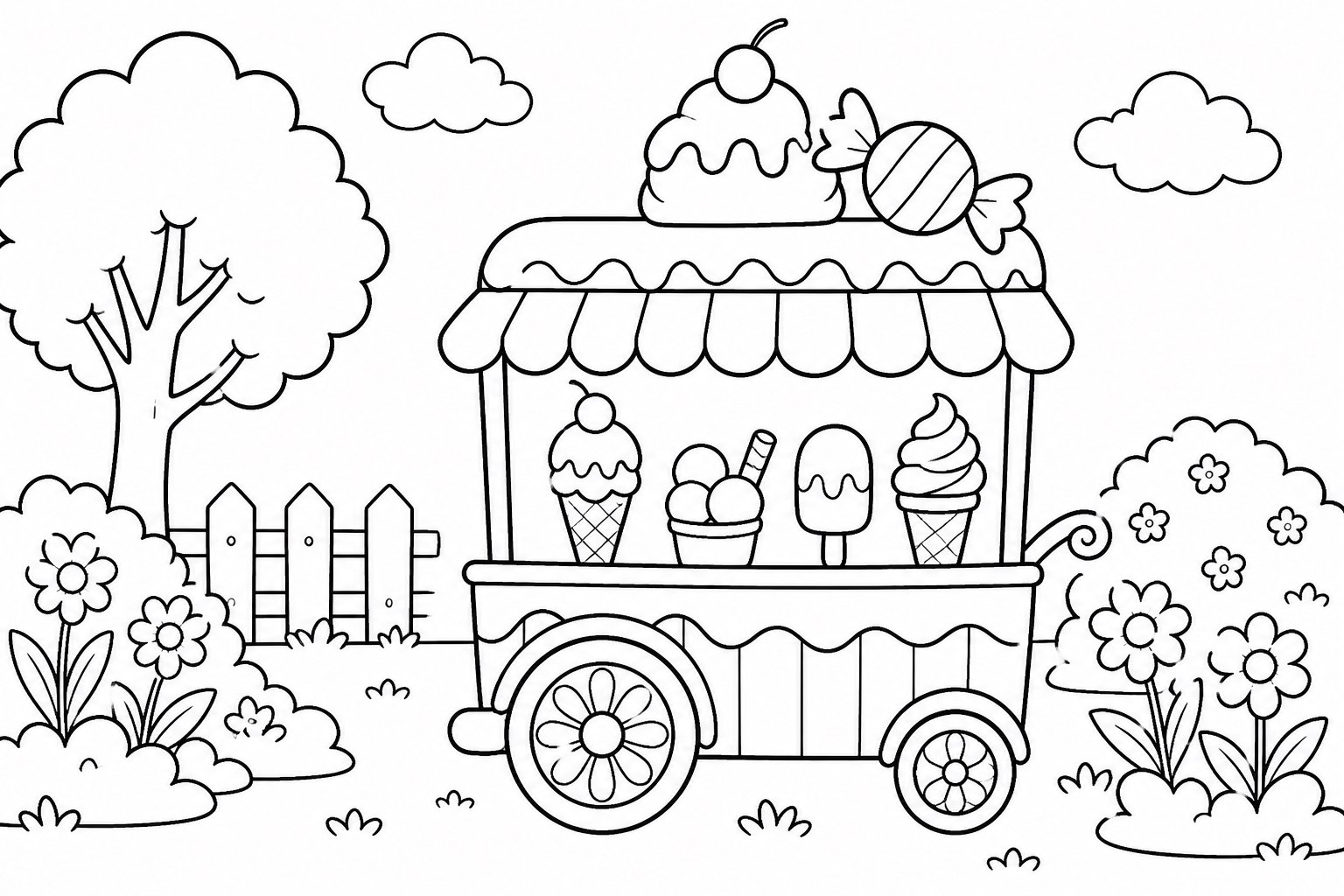 Charrette de glaces garée dans le jardin