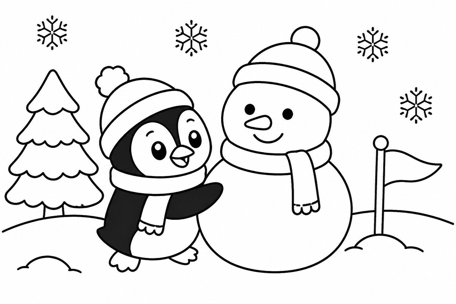 El pingüino pequeño hace un muñeco de nieve