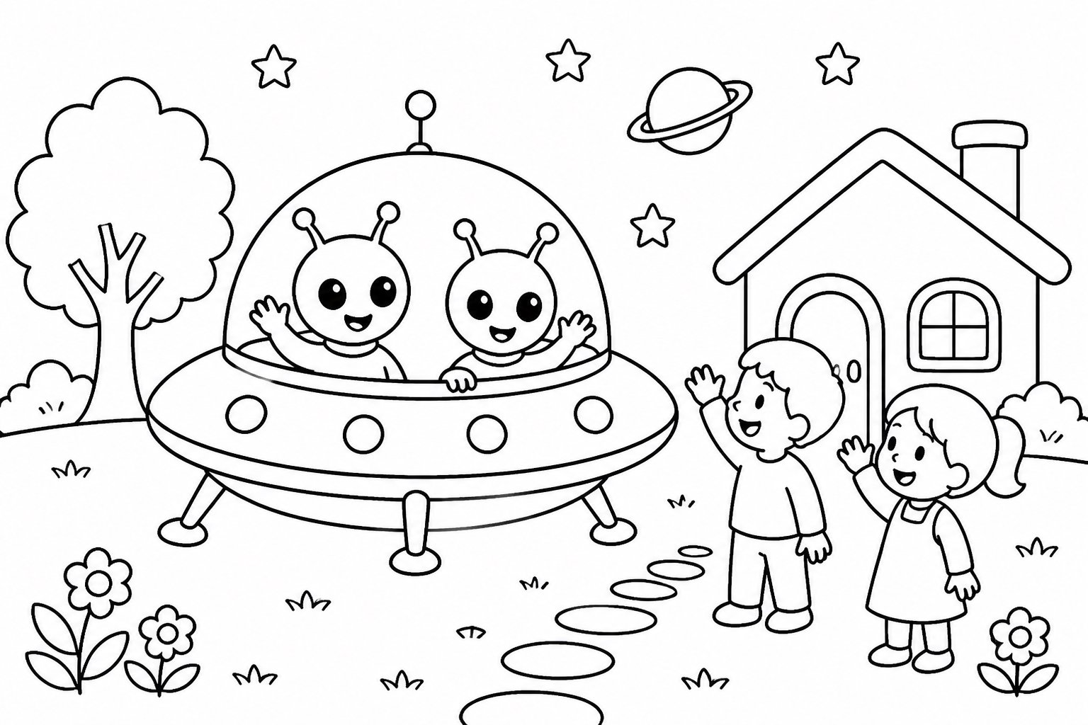 Amigos alienígenas llegan de visita en una nave espacial