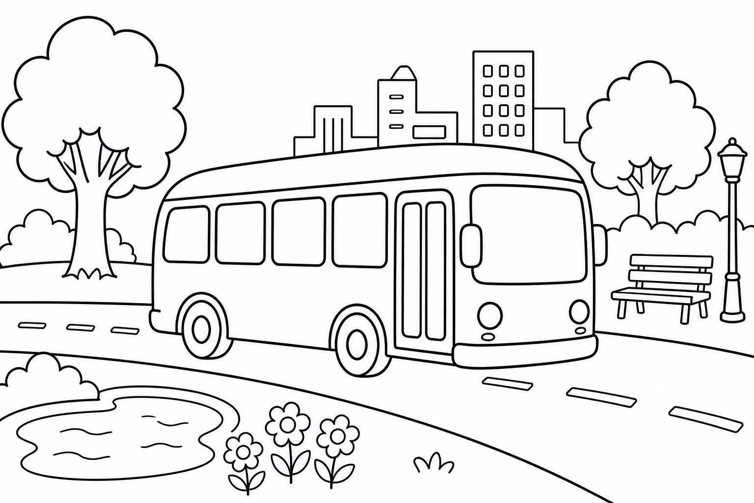 O ônibus urbano passa pelo parque da cidade