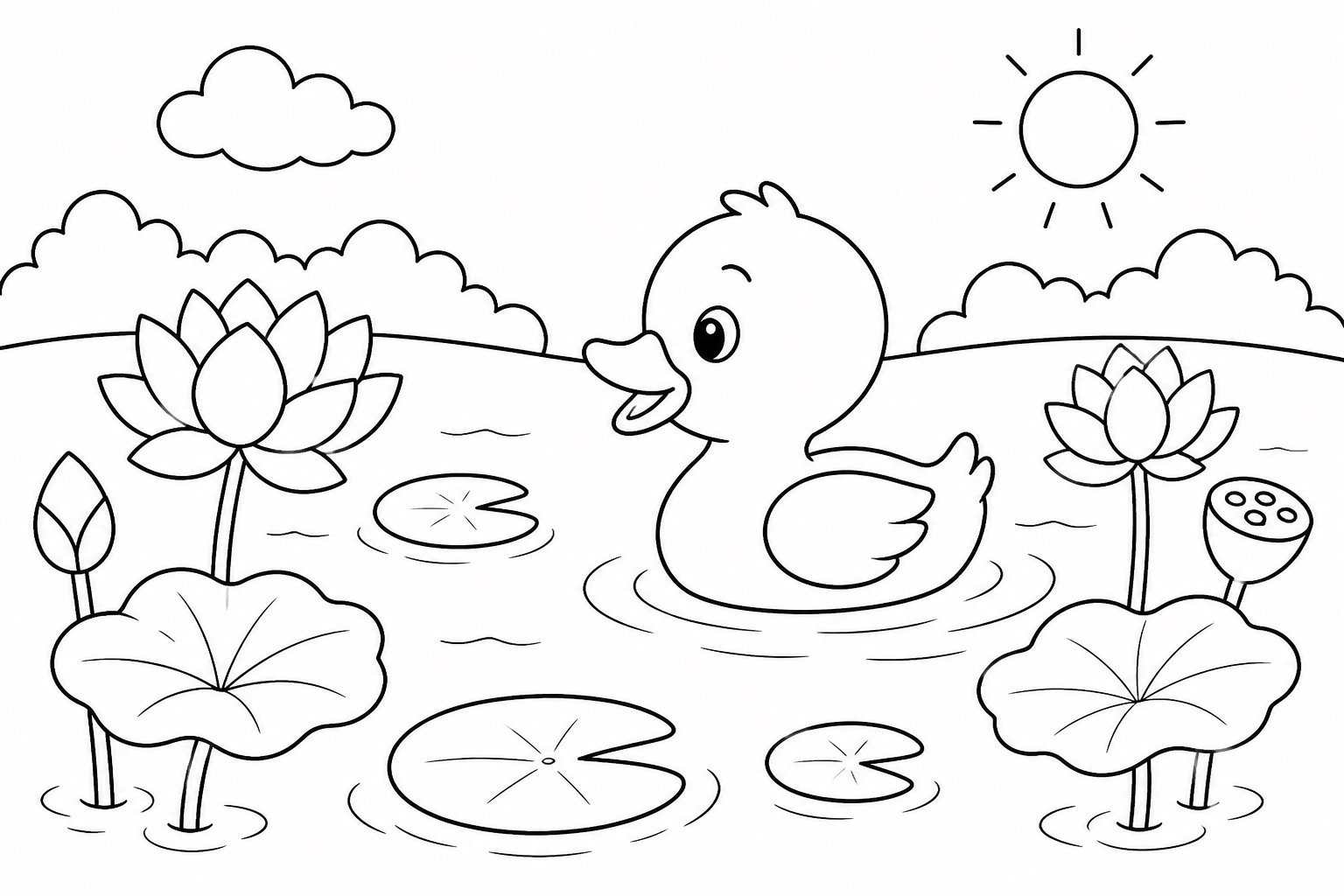 Patito cruzando un estanque de lotos