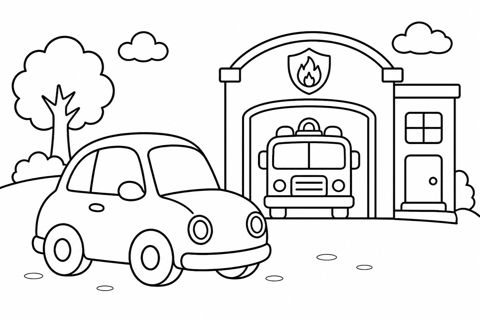 Coche pequeño junto a la estación de bomberos