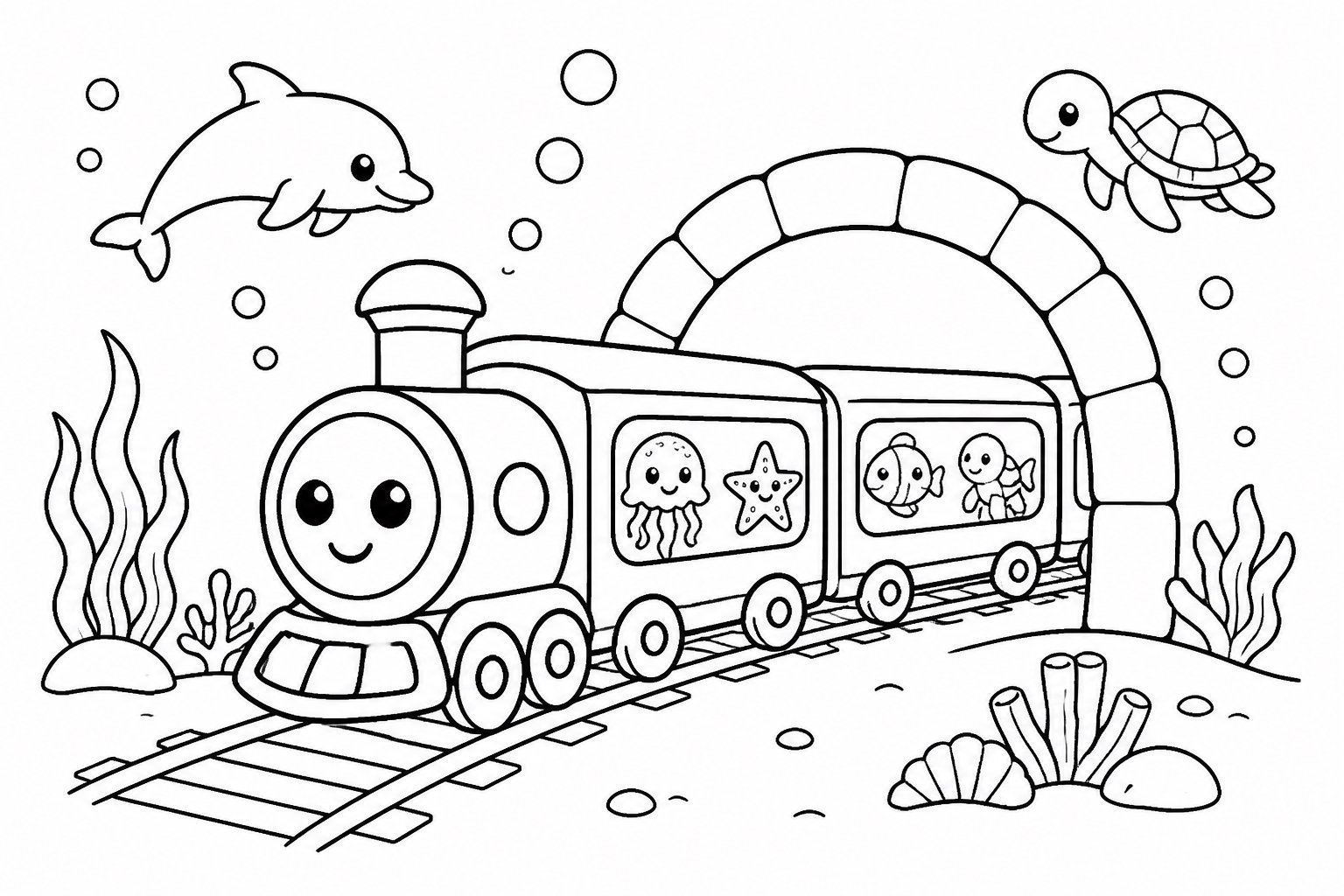 Trem subaquático passando por um túnel