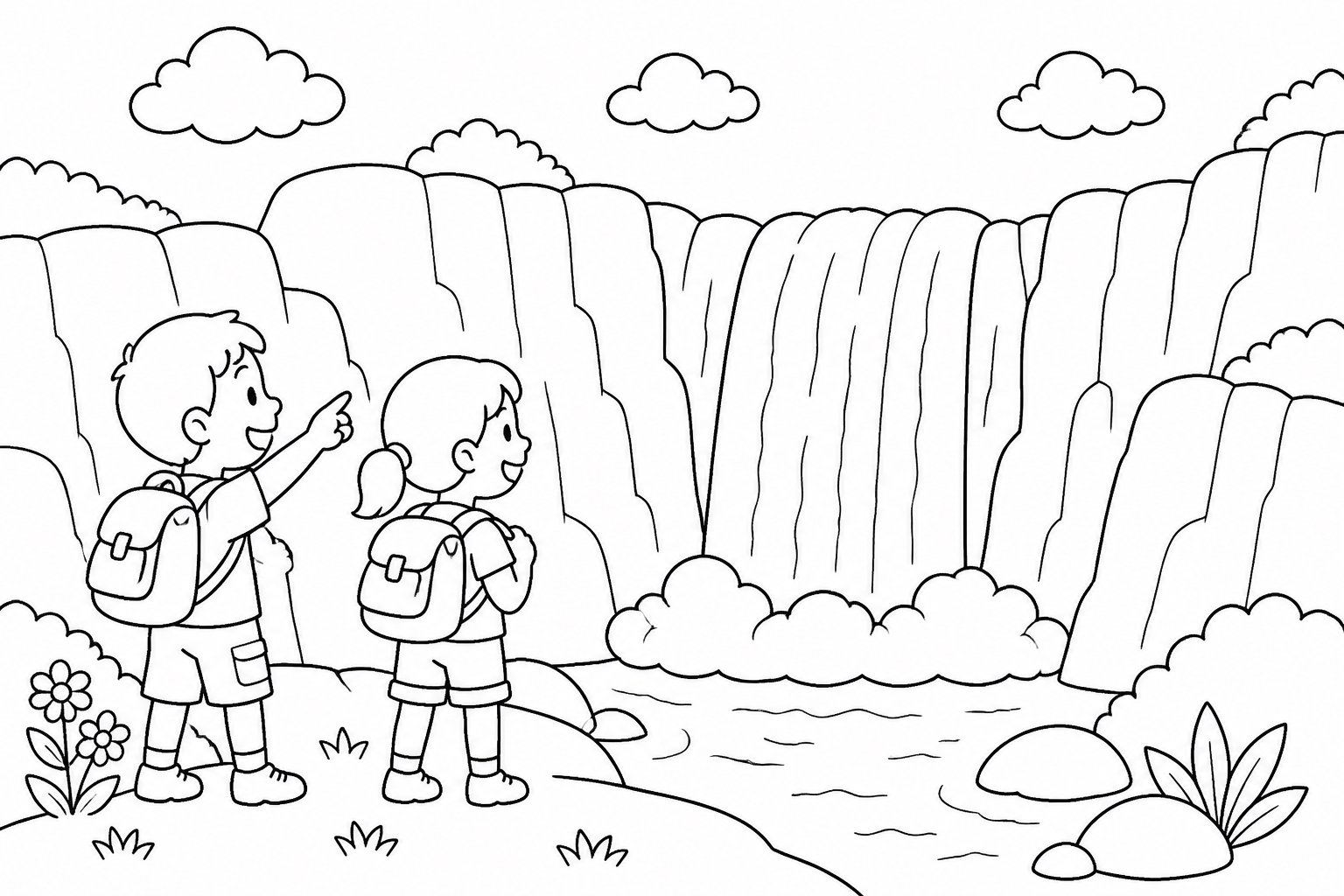 Crianças observando uma cachoeira no vale
