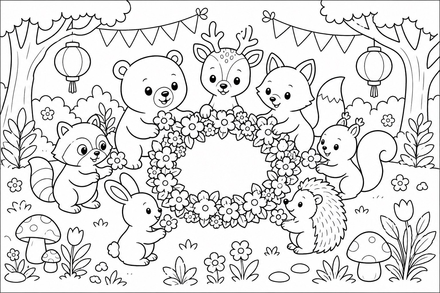 Los animales se reúnen alrededor de una corona de flores
