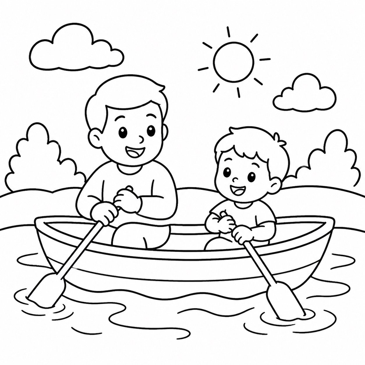 Pai e filho remam juntos em um barquinho