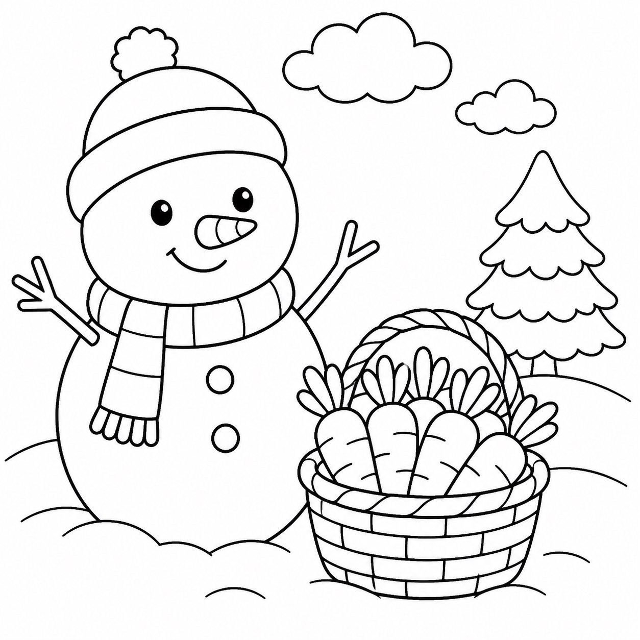 Cesta de cenouras ao lado de um boneco de neve