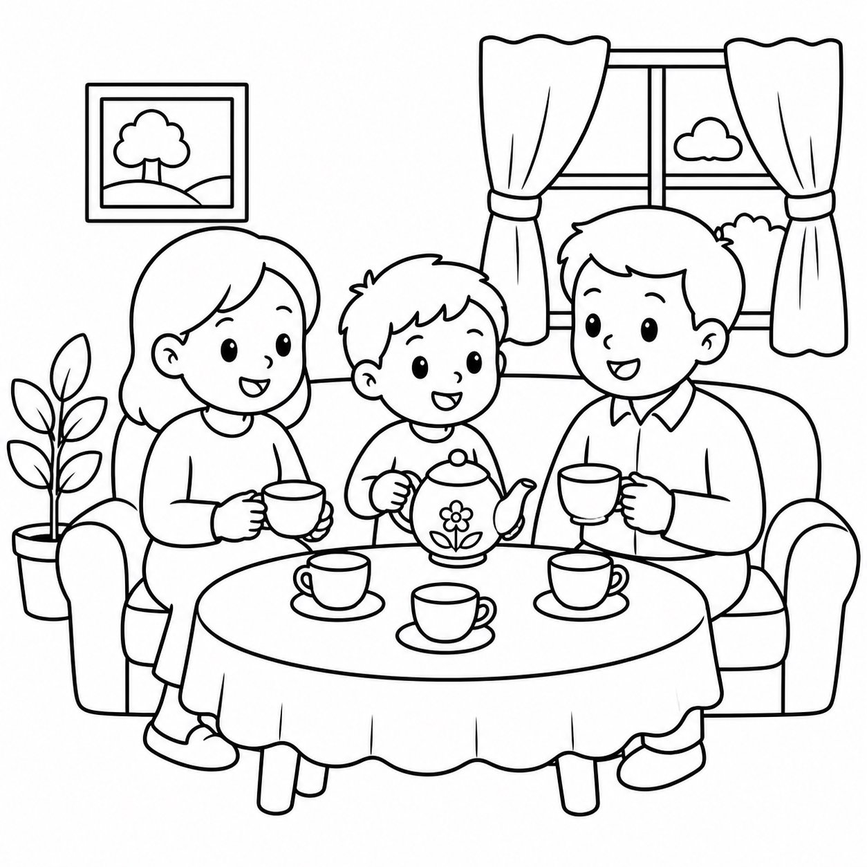 Crianças e familiares servindo chá de flores