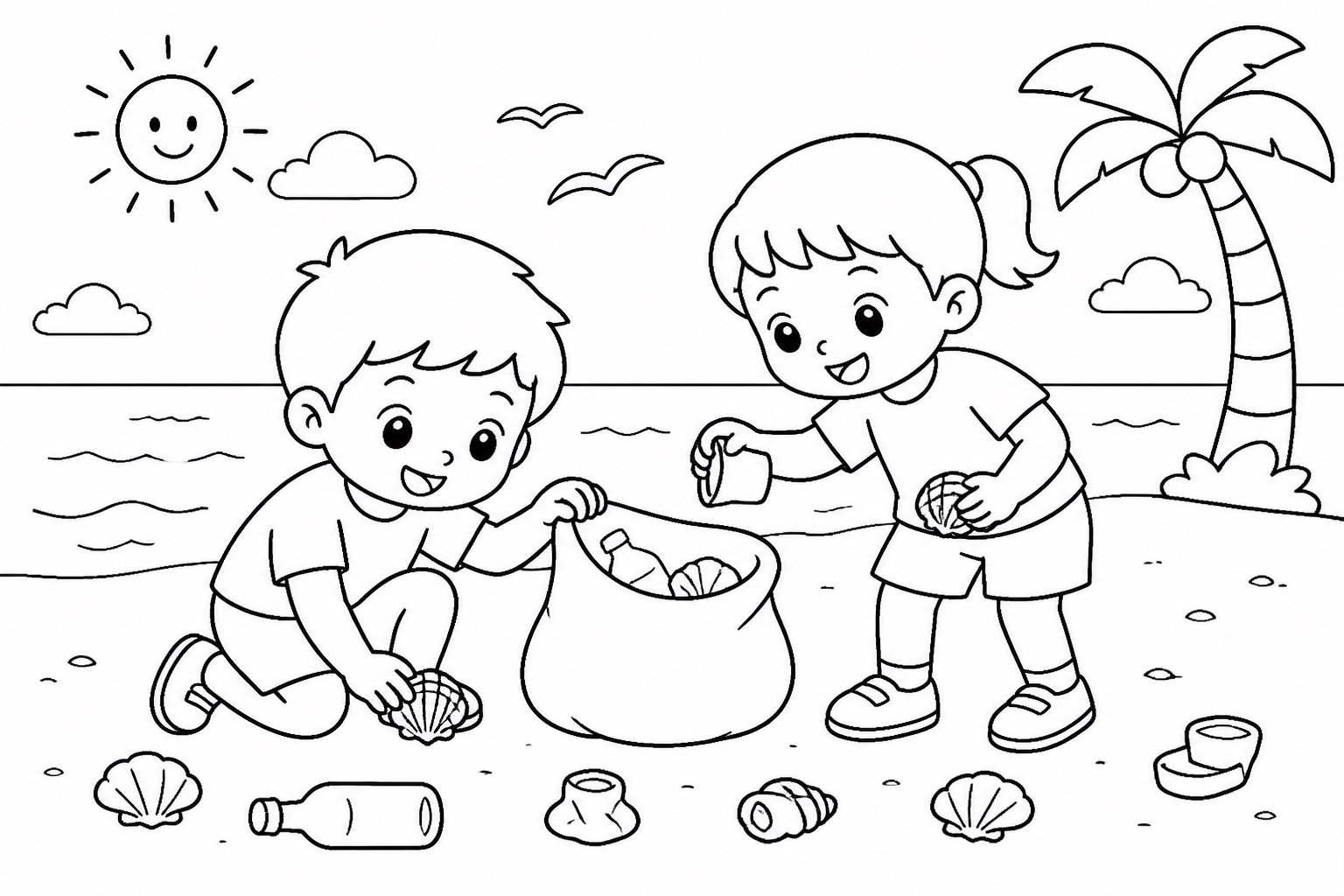Kinder sammeln Muscheln und Müll am Strand
