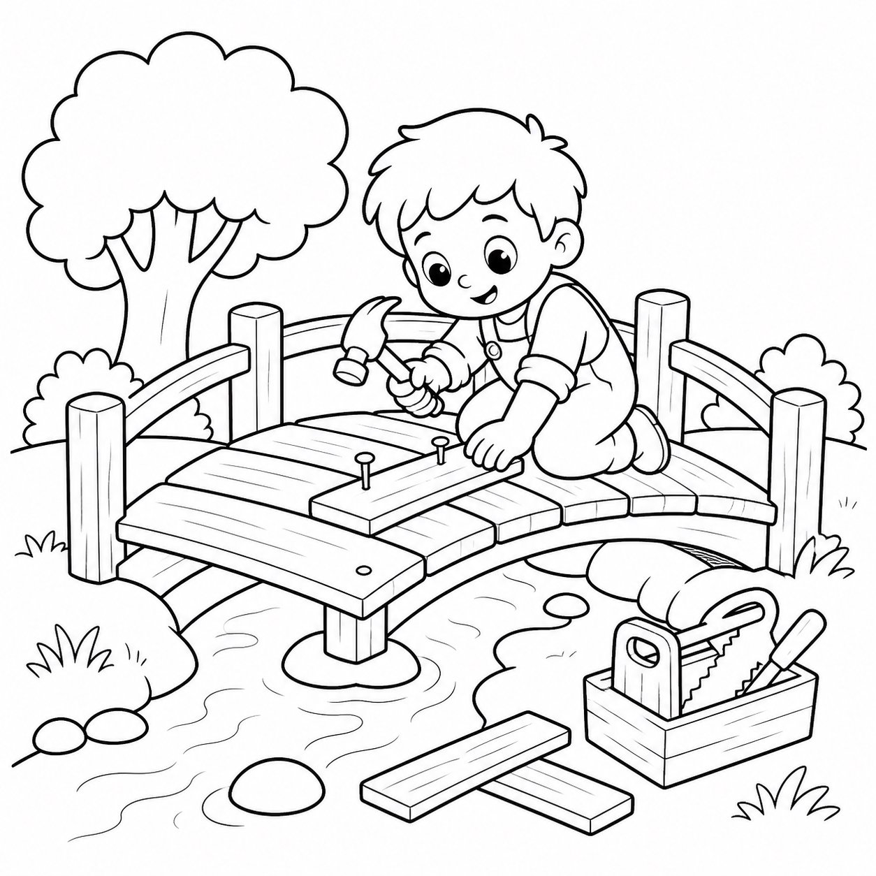 Enfants réparant un pont en bois