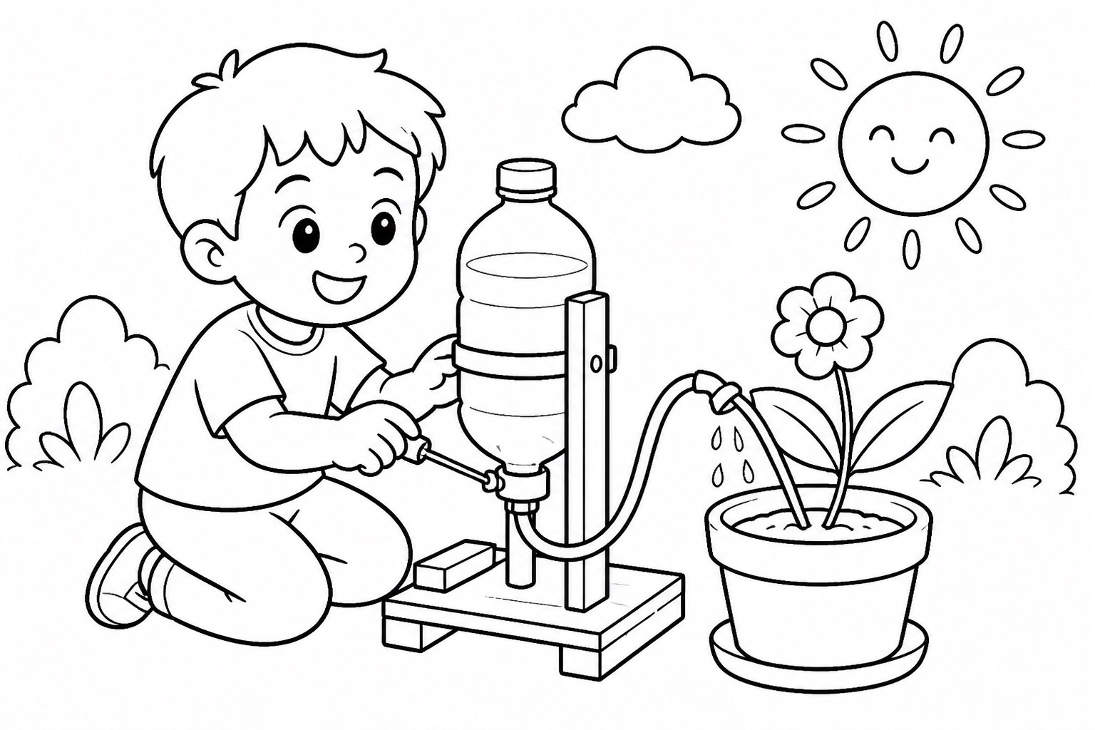 El niño fabrica una máquina automática para regar plantas