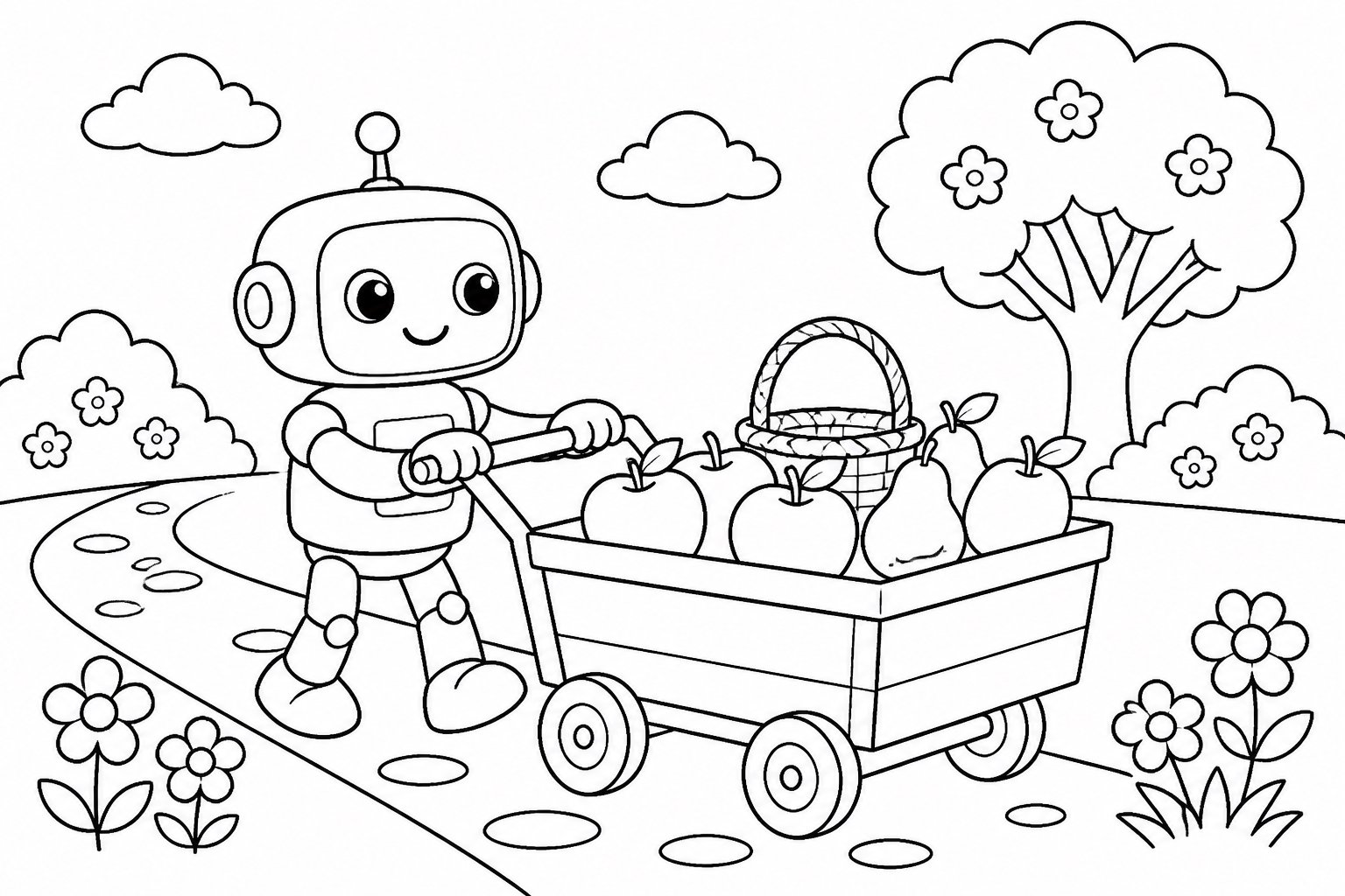 Kleiner Roboter schiebt einen Obstwagen