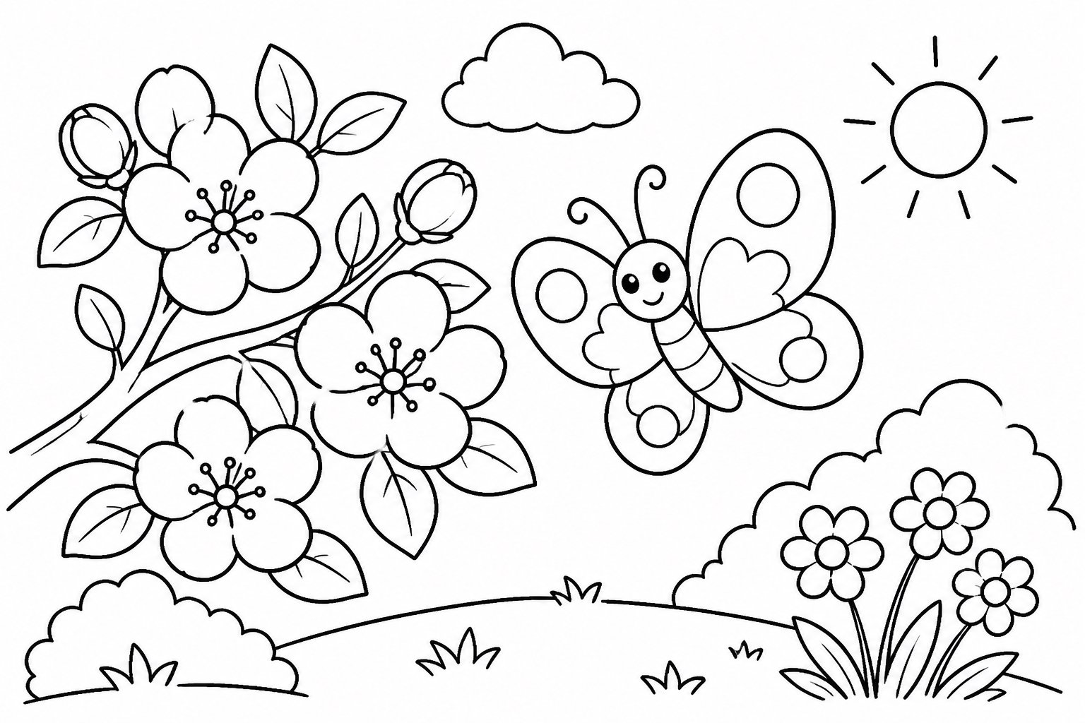 Mariposa junto a flores de manzano