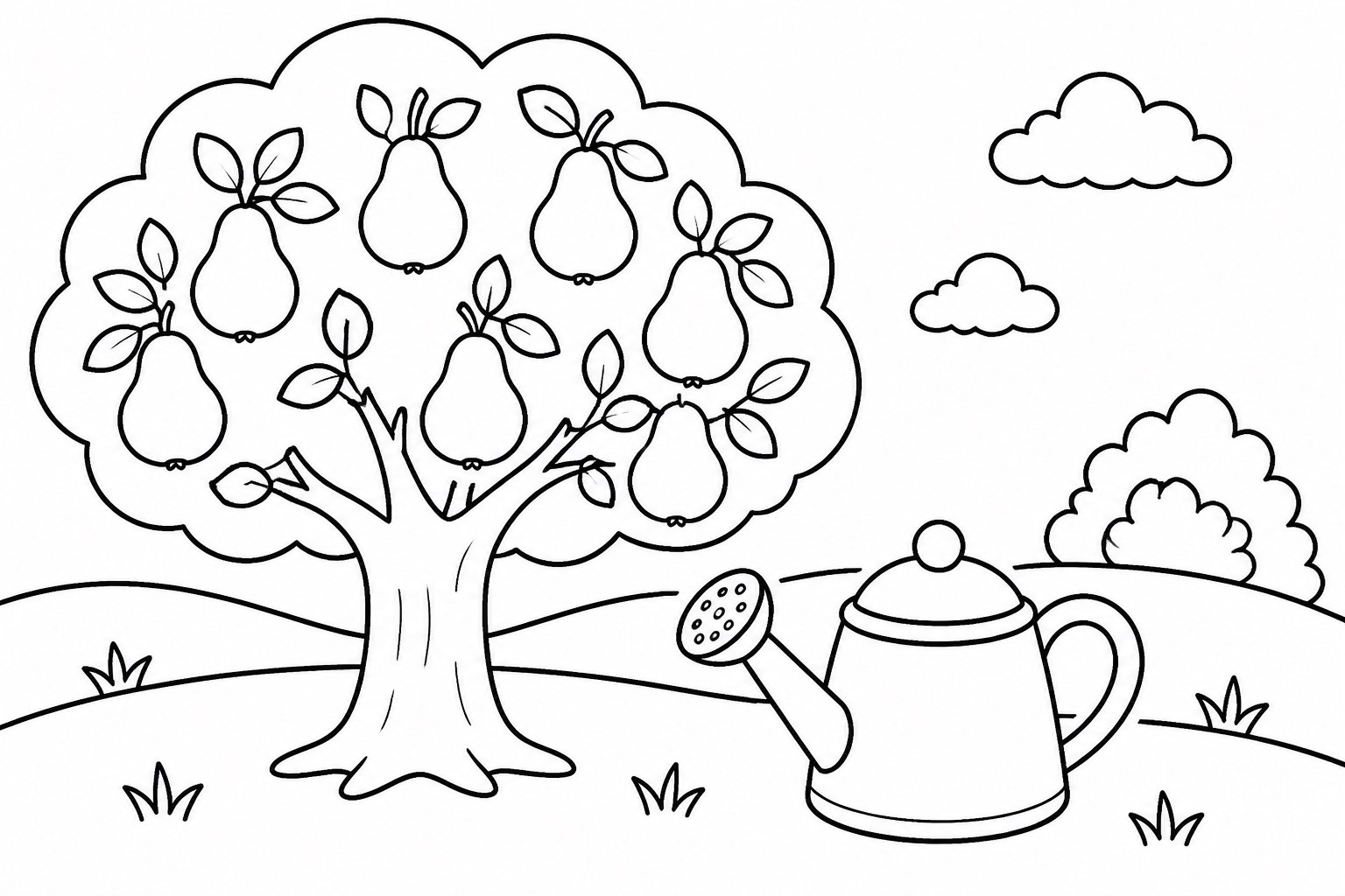 Kleine Gießkanne neben einem Birnbaum