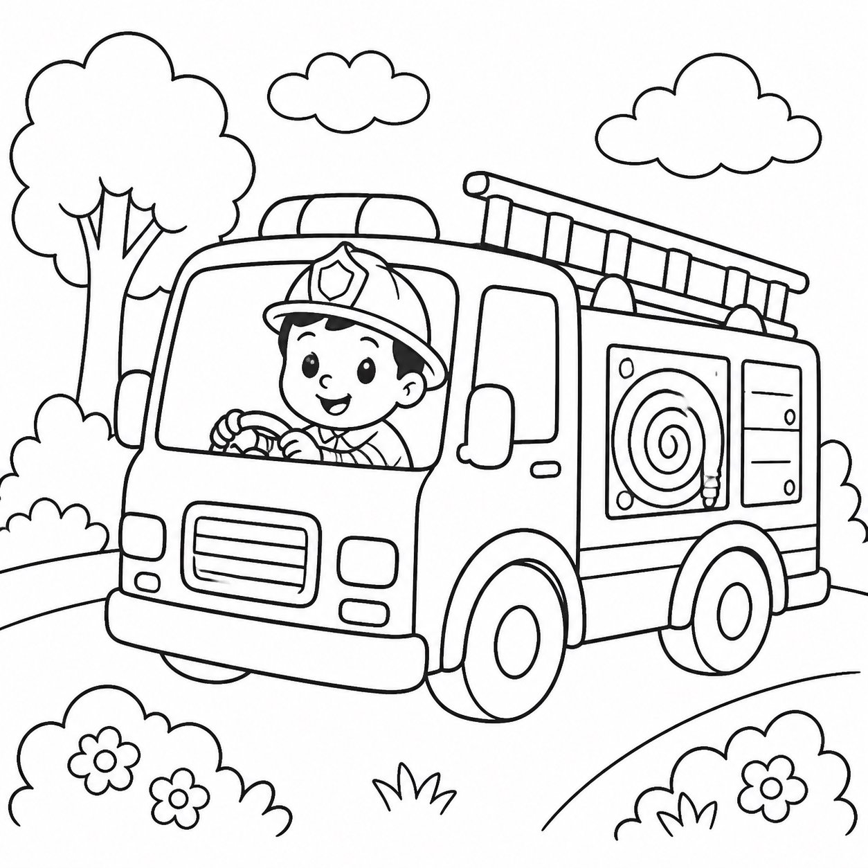 Pequeño bombero conduciendo un camión de bomberos