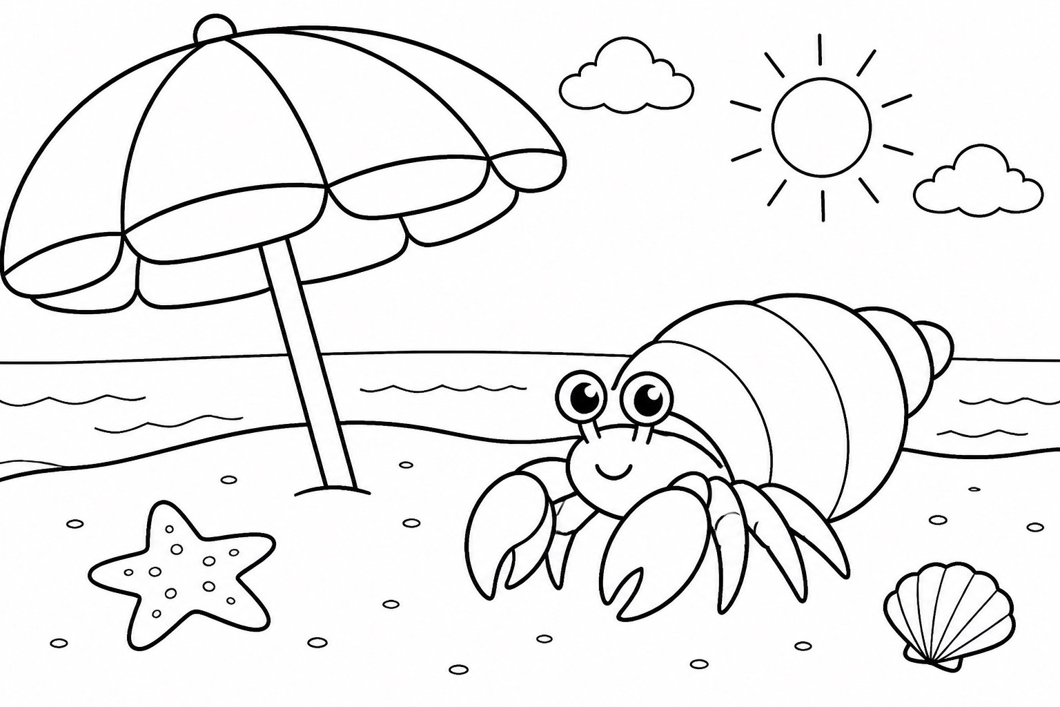 Einsiedlerkrebs läuft an einem Sonnenschirm vorbei