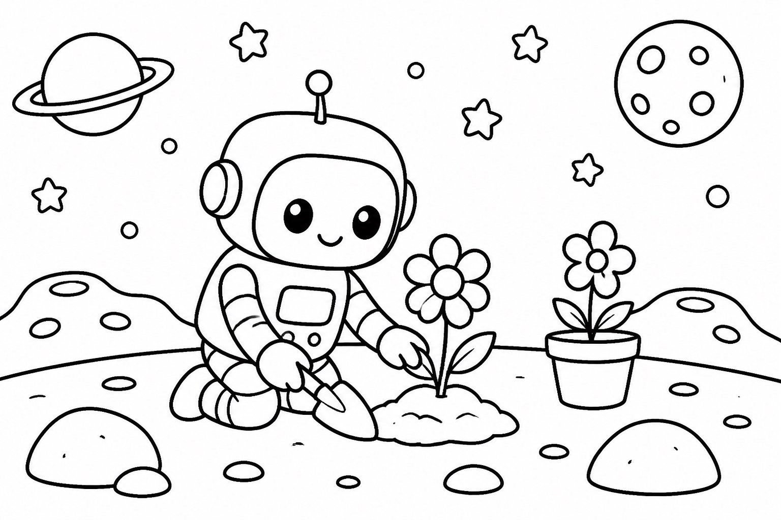 Robot plantant des fleurs sur une planète