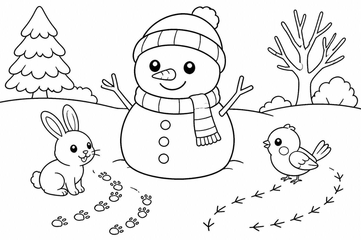 Pegadas de animais ao lado de um boneco de neve