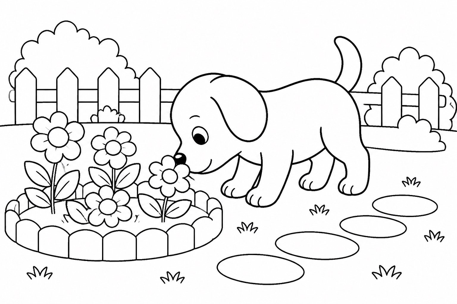 Kleiner Hund schnuppert an Blumen