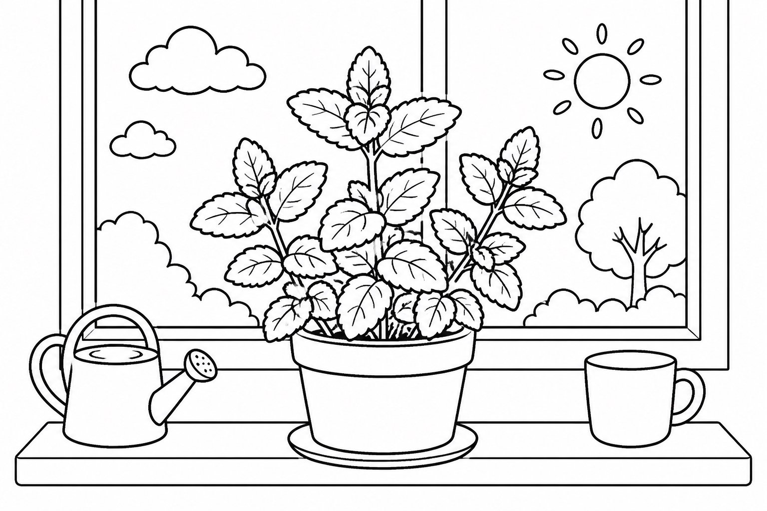 窓辺のミントの鉢植え