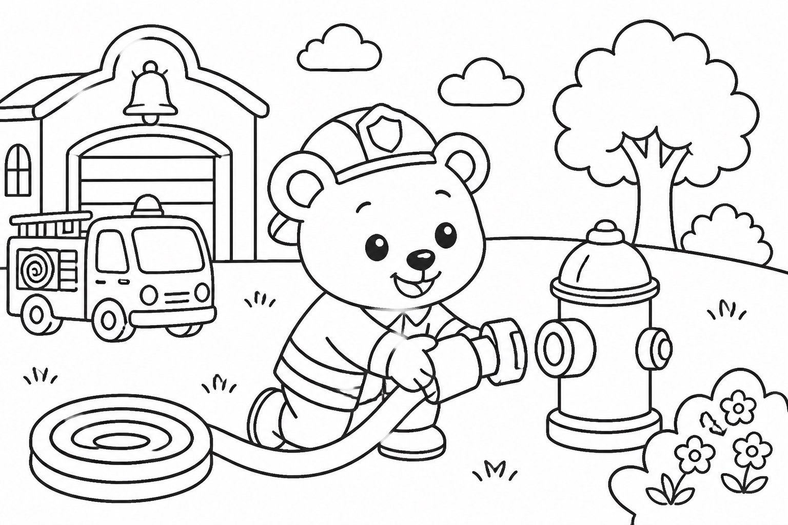 Filhote de urso praticando conectar mangueiras de água