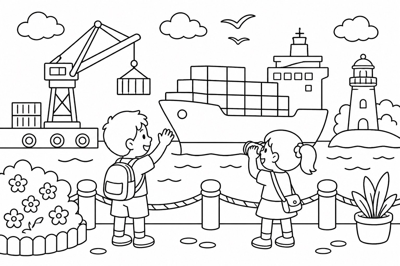 Kinder beobachten ein Frachtschiff