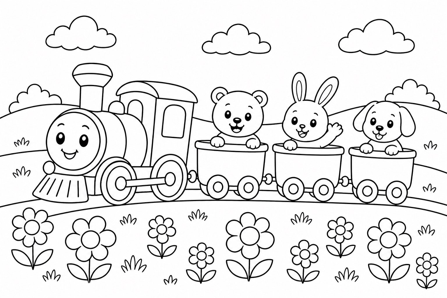 Le petit train traverse un champ de fleurs