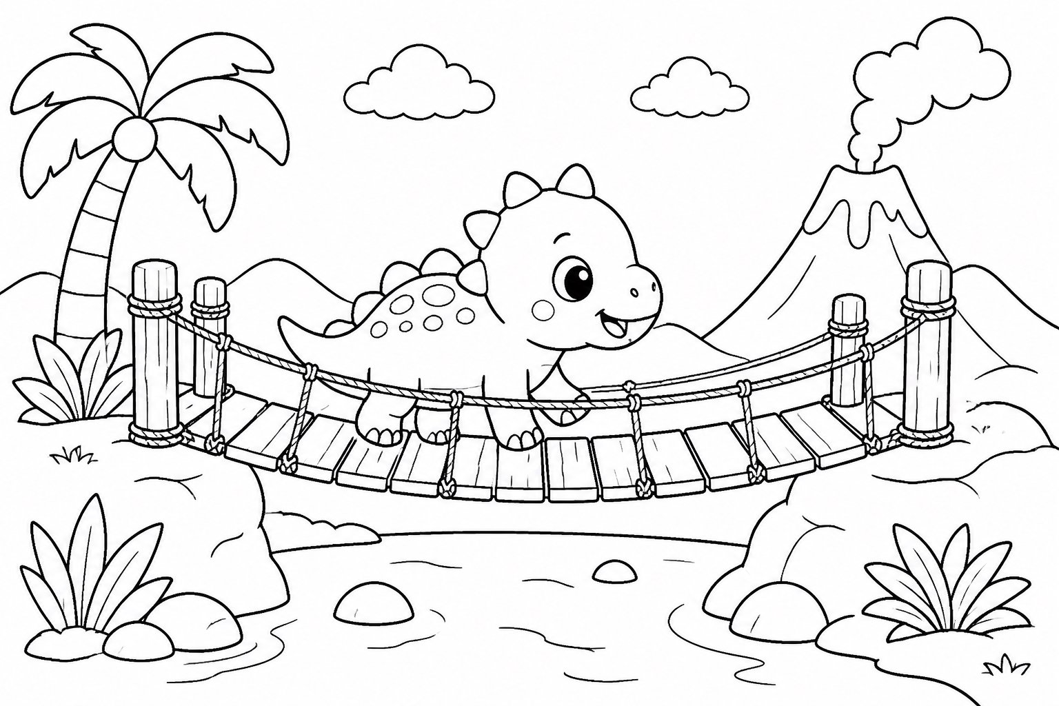 Bébé dinosaure traversant un pont en bois