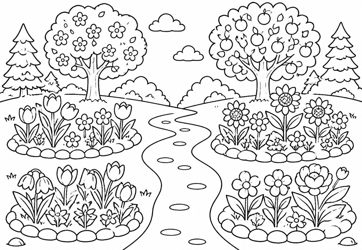 Parterre de flores de cuatro estaciones junto al sendero del bosque