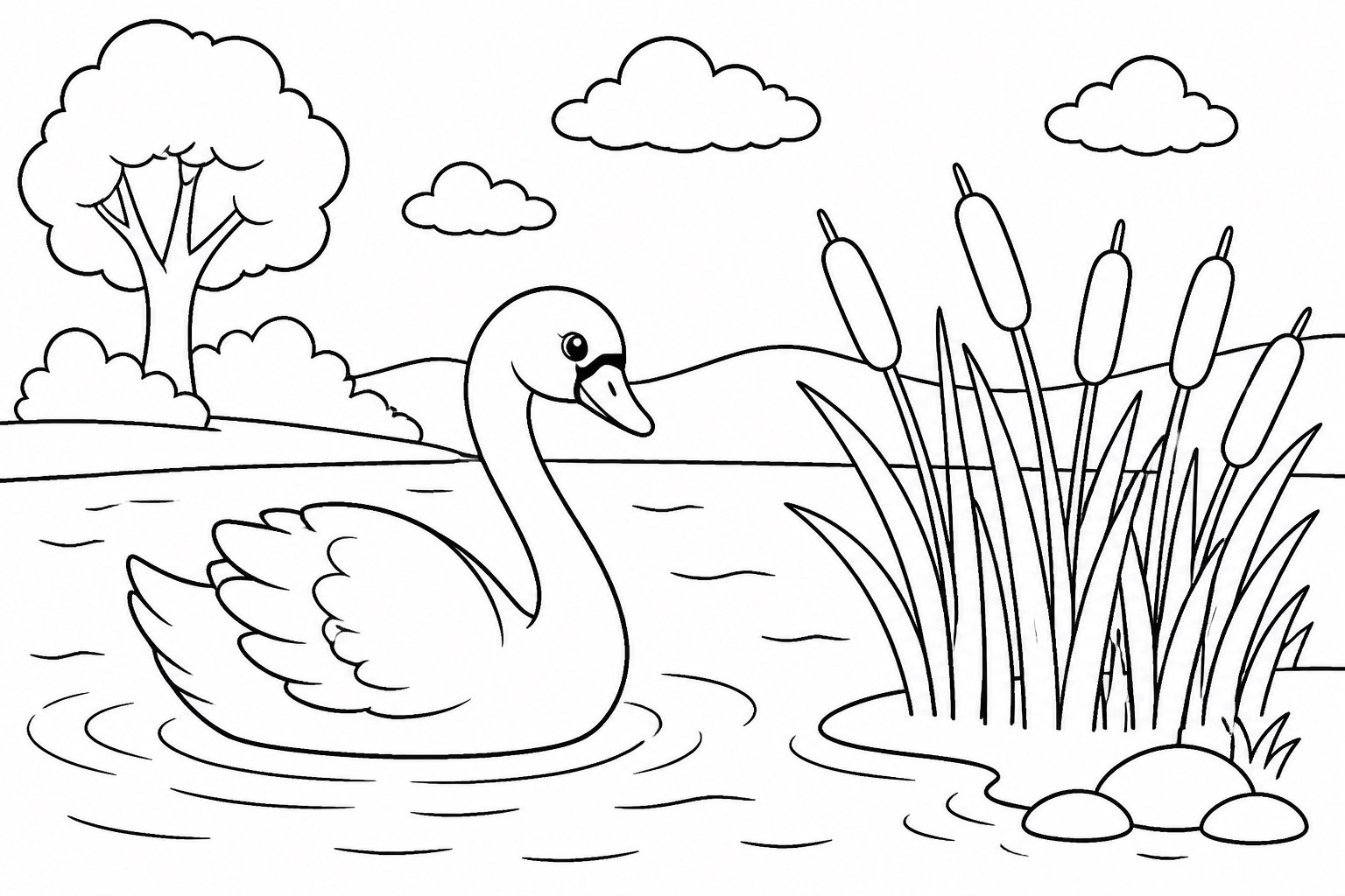 Cisne pasando por una ensenada de juncos