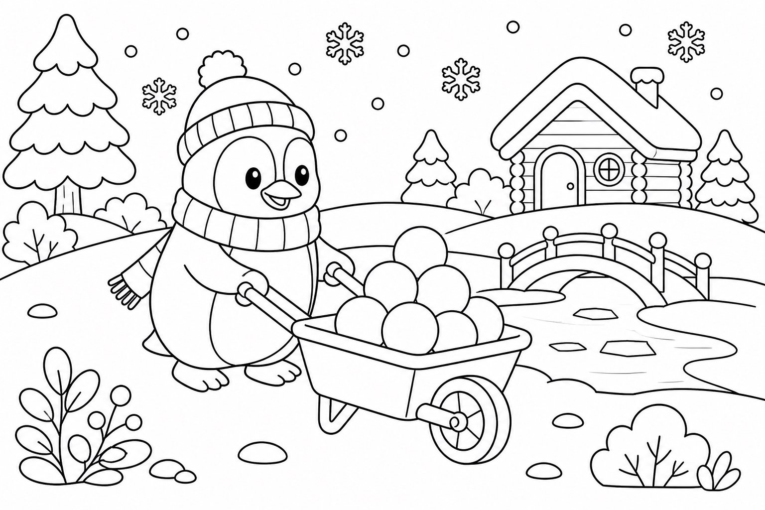 O pinguim empurra um carrinho de neve