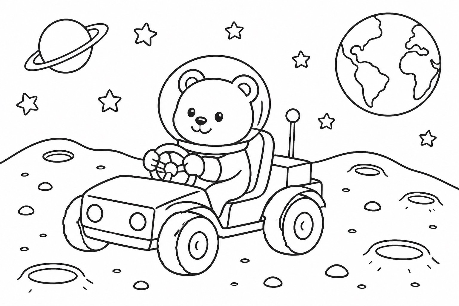 Osito viajando en un vehículo lunar