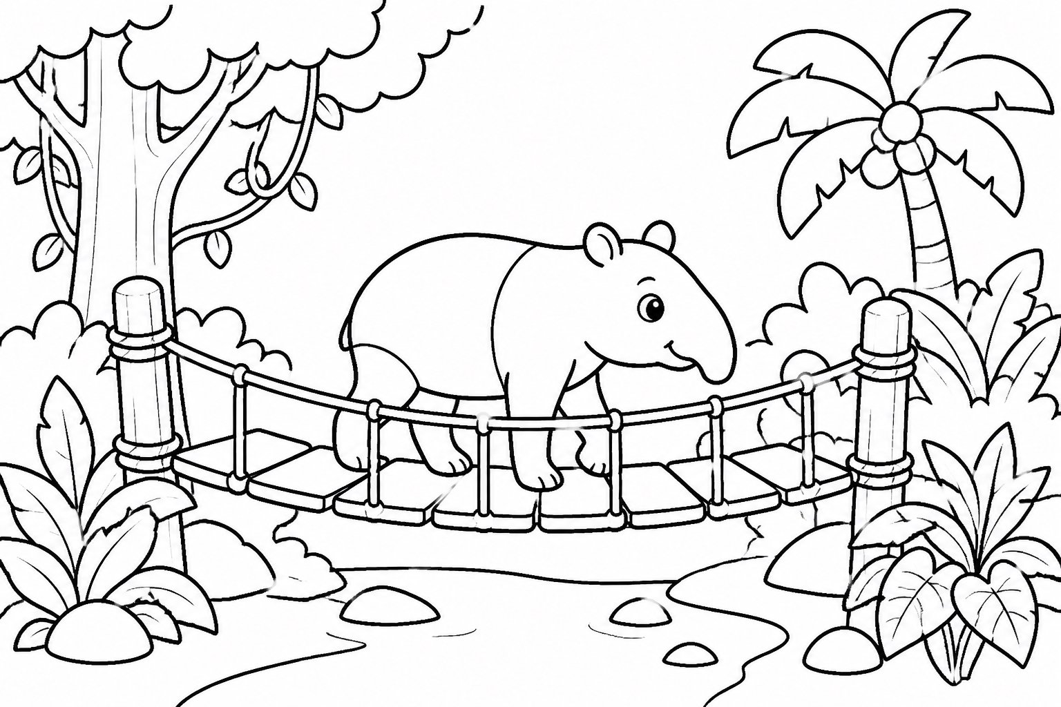 Tapir überquert eine Holzbrücke im Regenwald