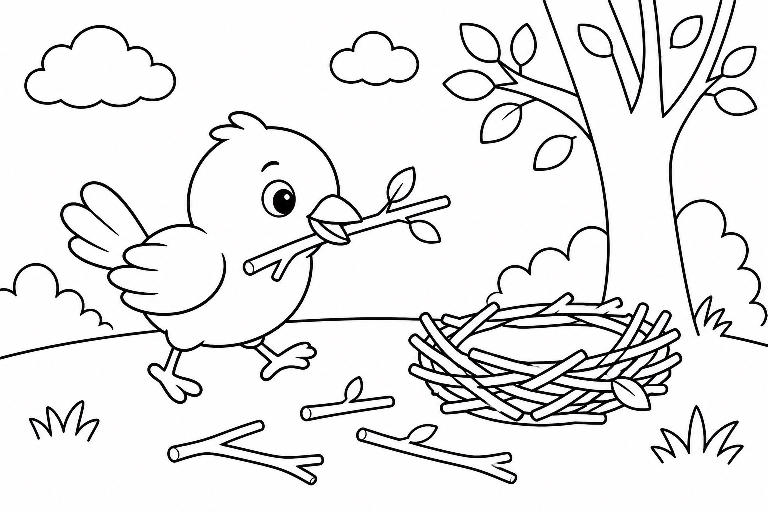 Pajarito recogiendo ramas