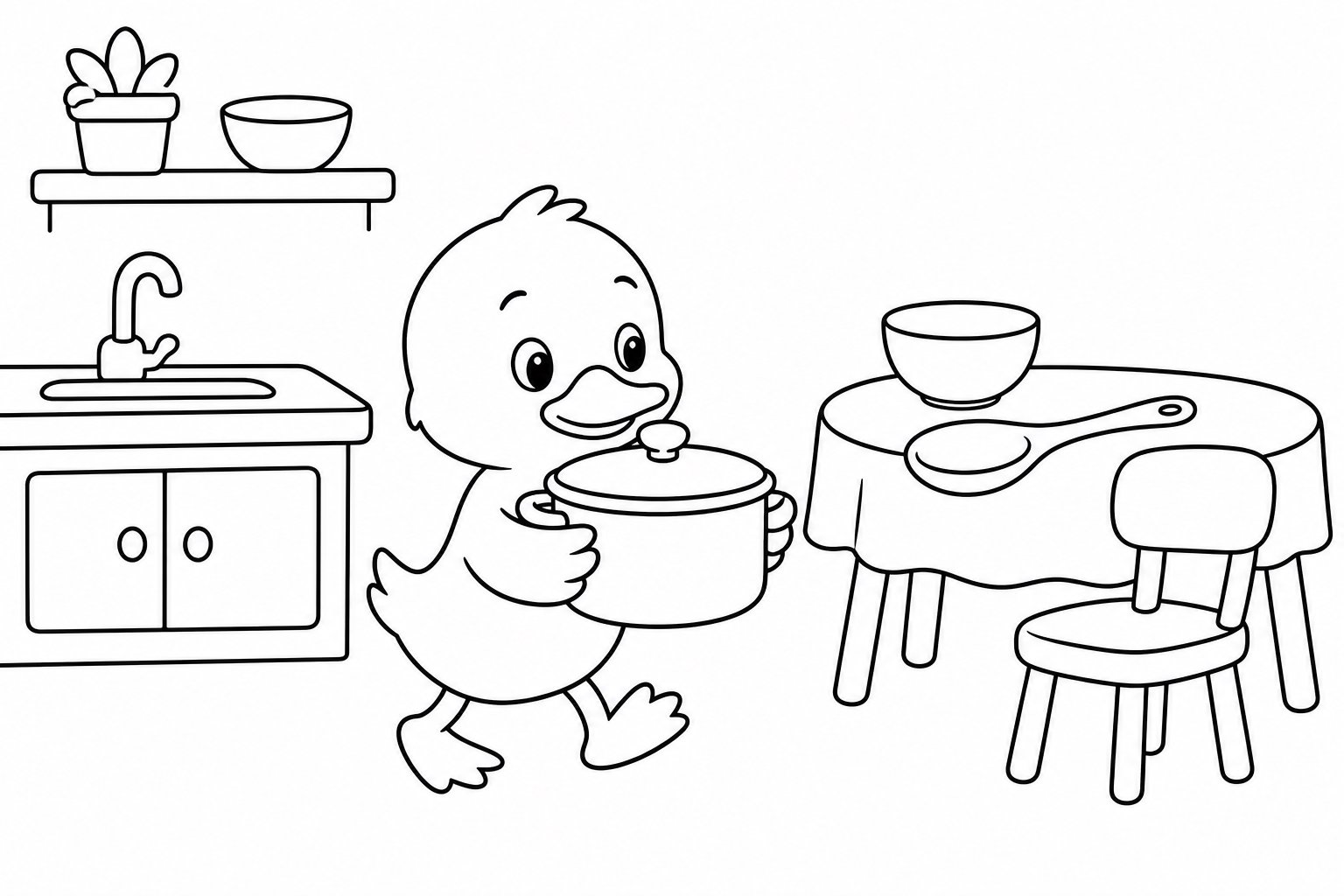 O pato carrega uma panela de sopa