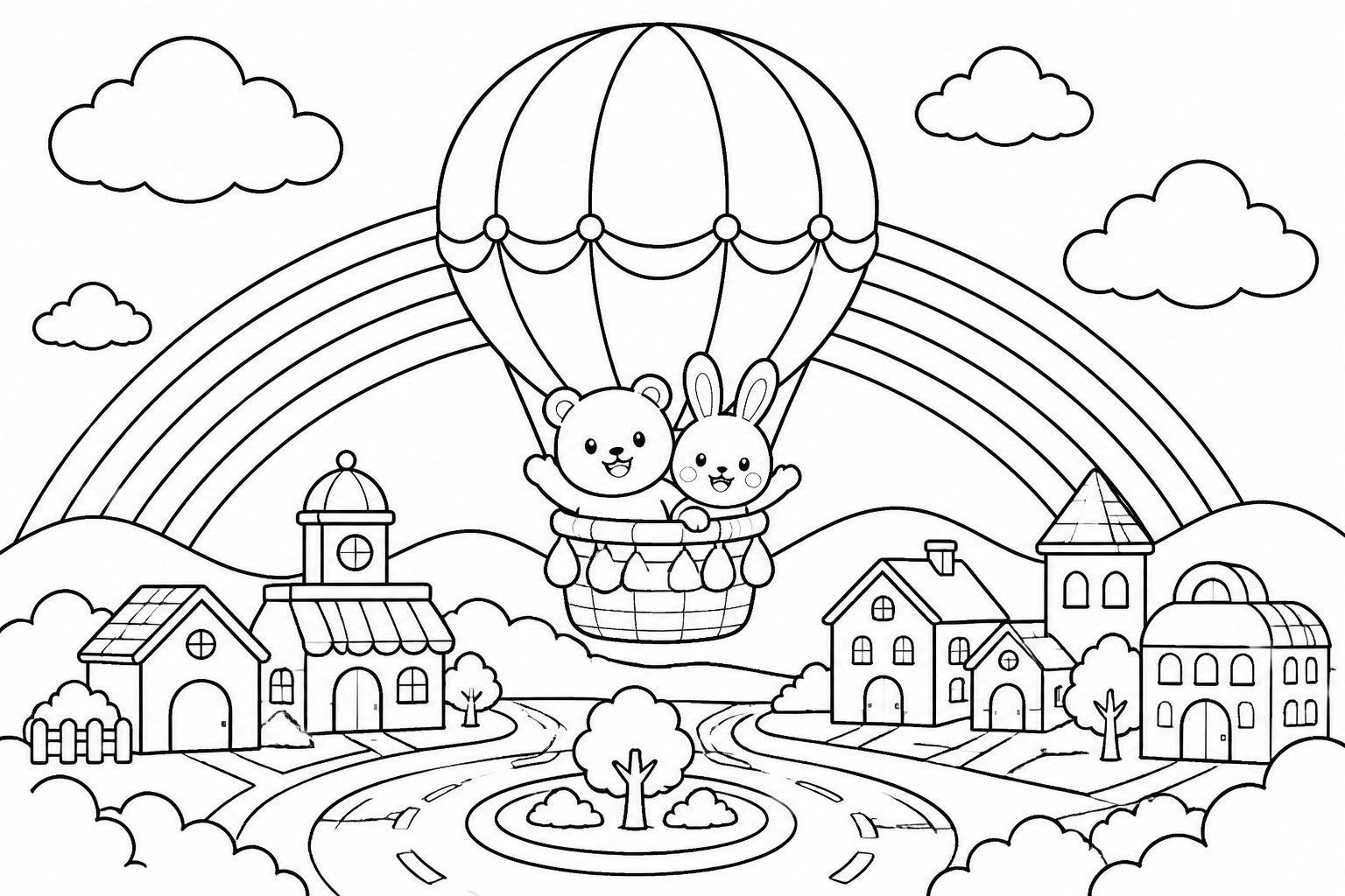 O balão de ar quente passa por um arco-íris