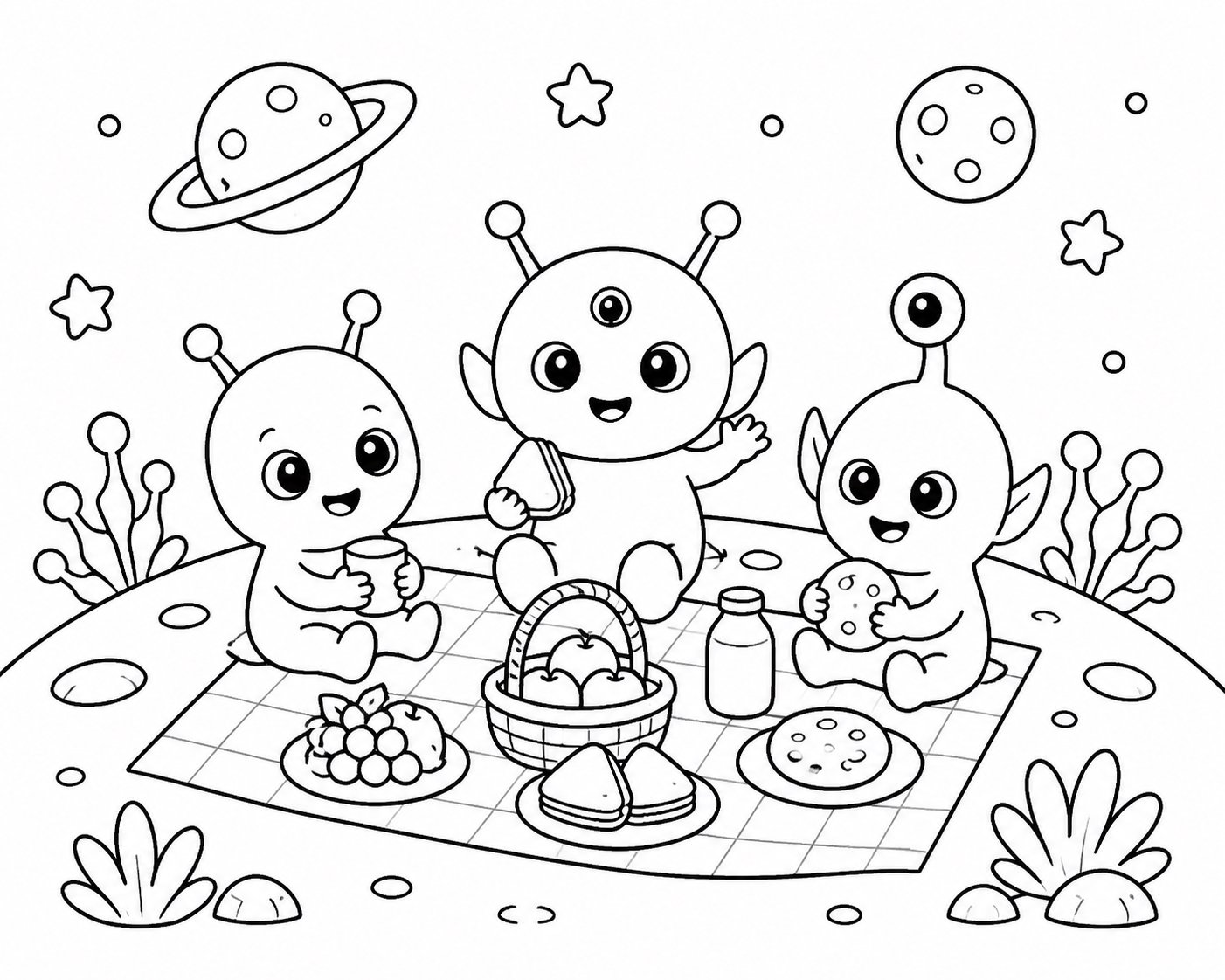 Amigos alienígenas haciendo un picnic en un planeta