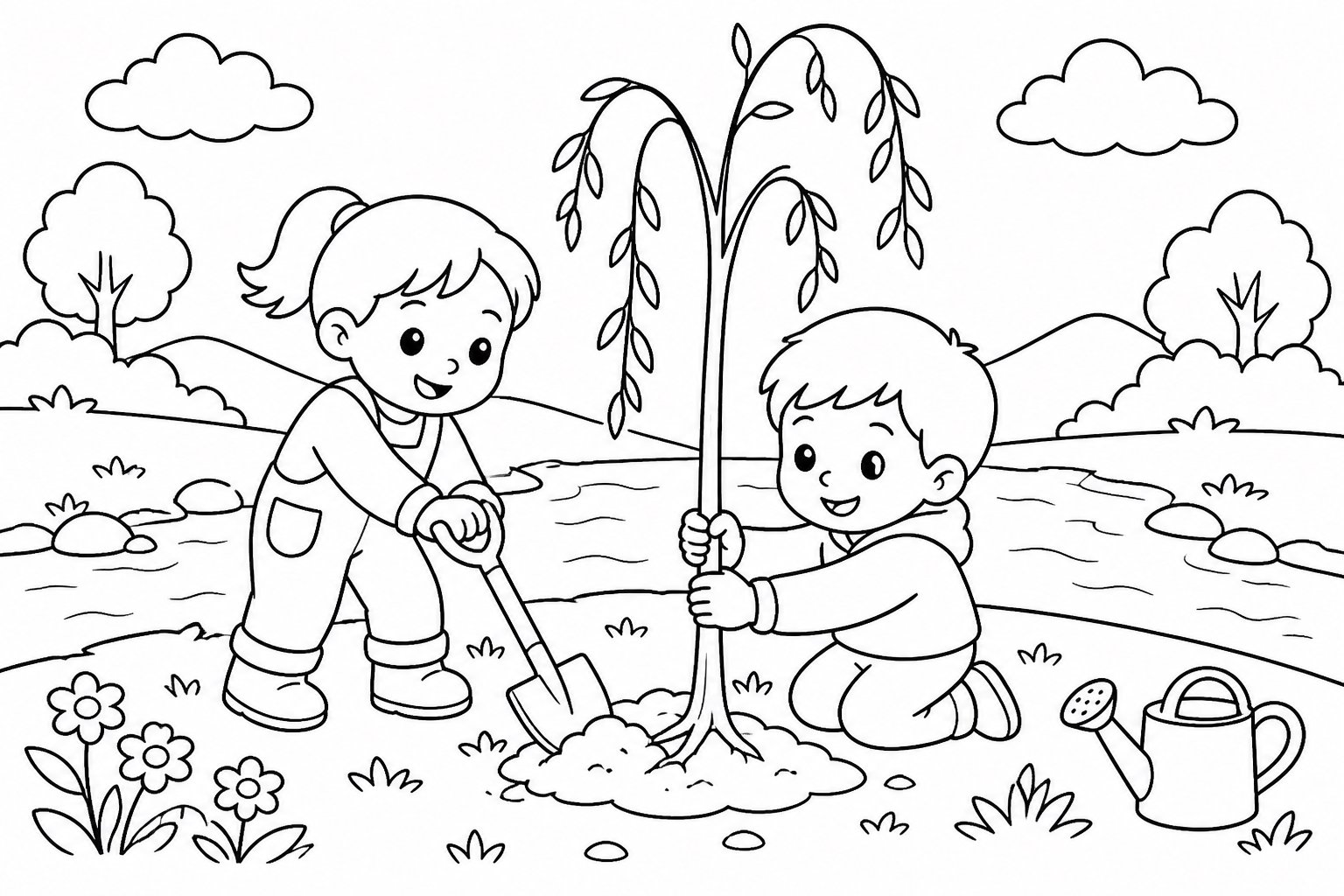 Kinder pflanzen Weiden am Fluss