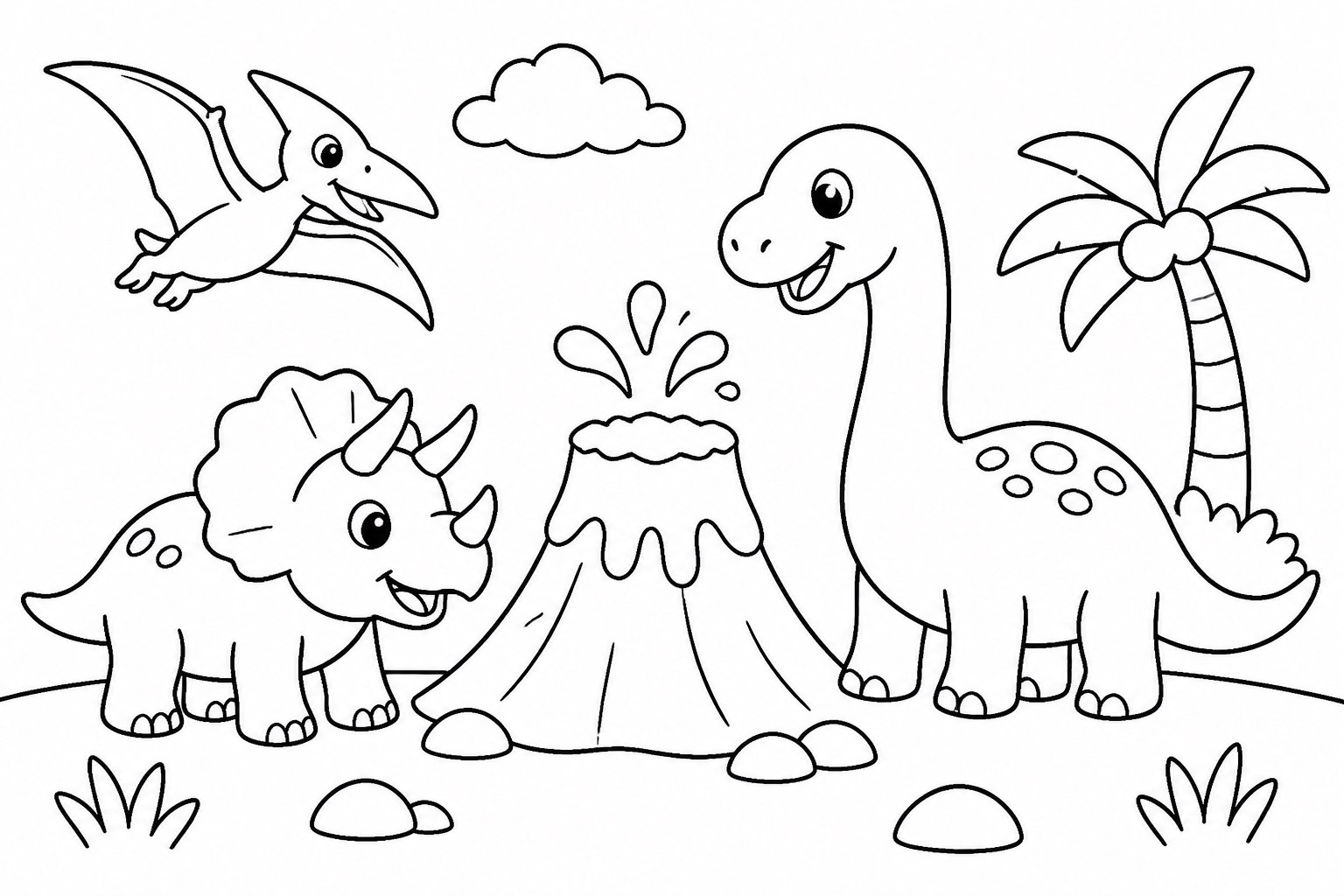Dinosaurio jugando con un pequeño volcán