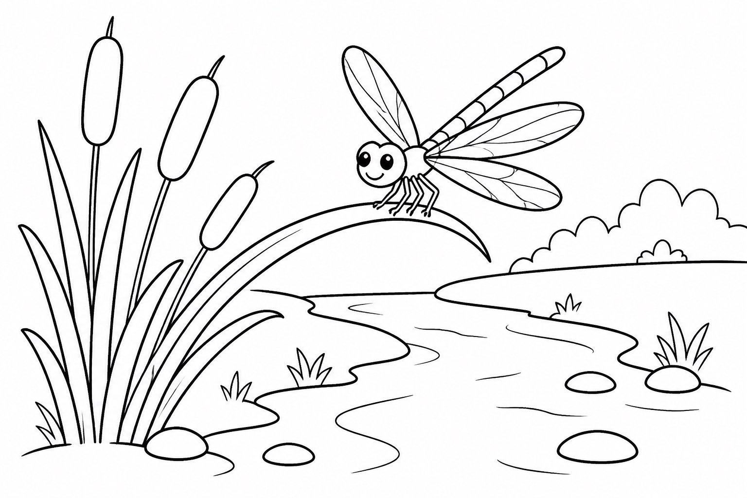 Libelle sitzt auf Schilf am Bach