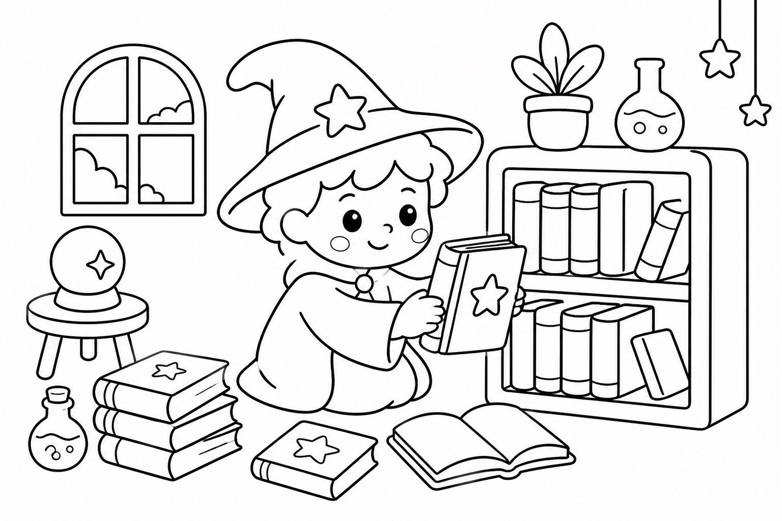 Маленький волшебник раскладывает книги заклинаний