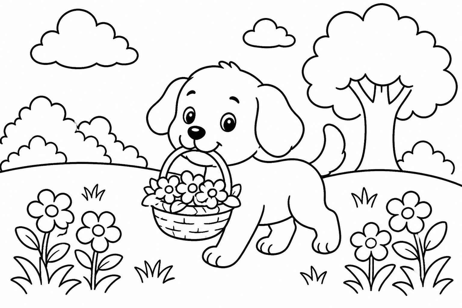 El perrito lleva una cesta de flores en la boca