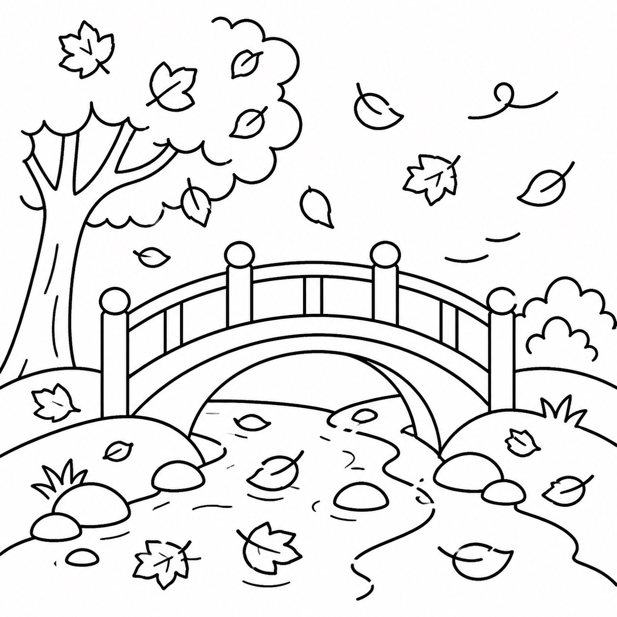 Kleine Brücke mit vom Wind verwehten Blättern