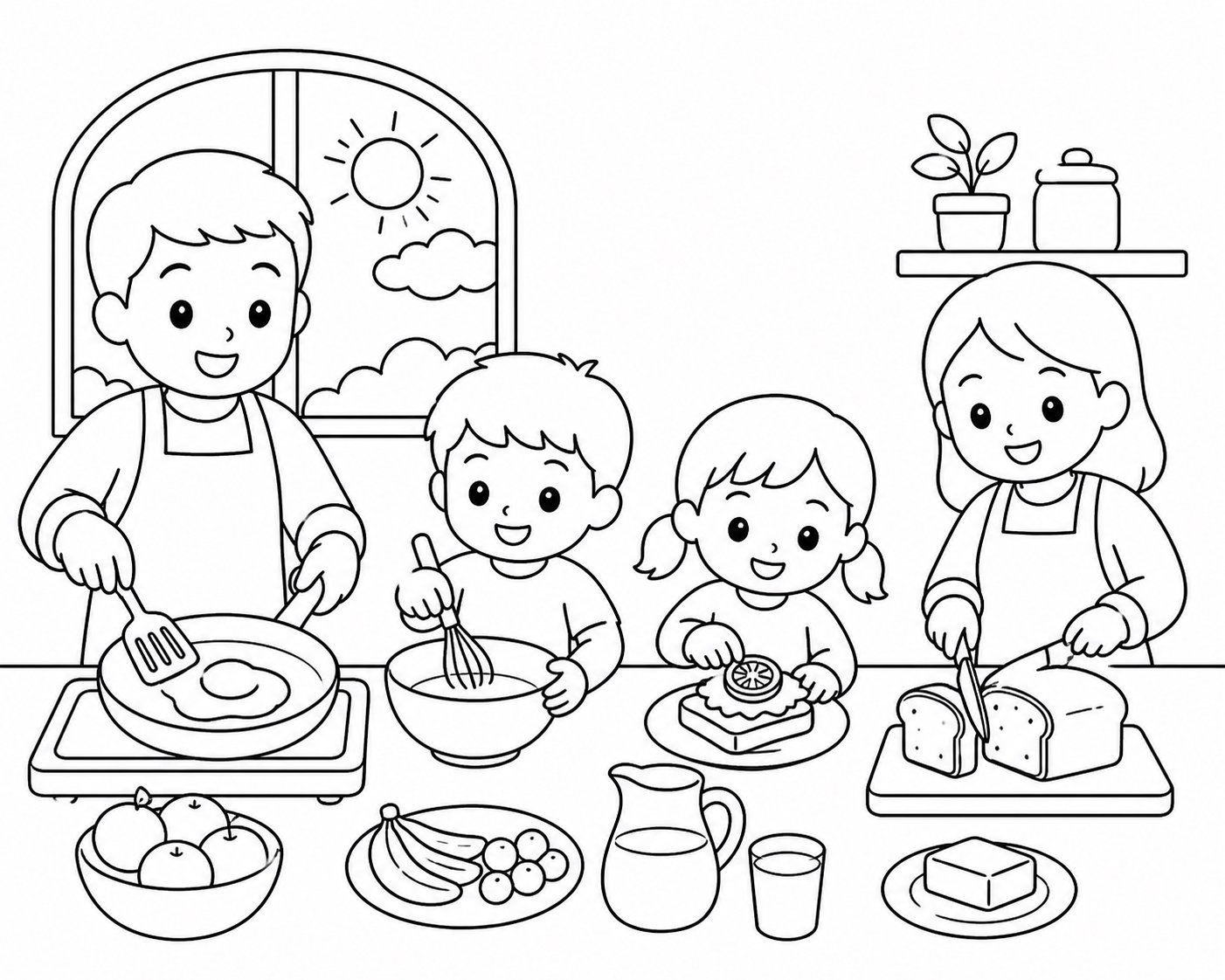 La famille préparant le petit-déjeuner ensemble