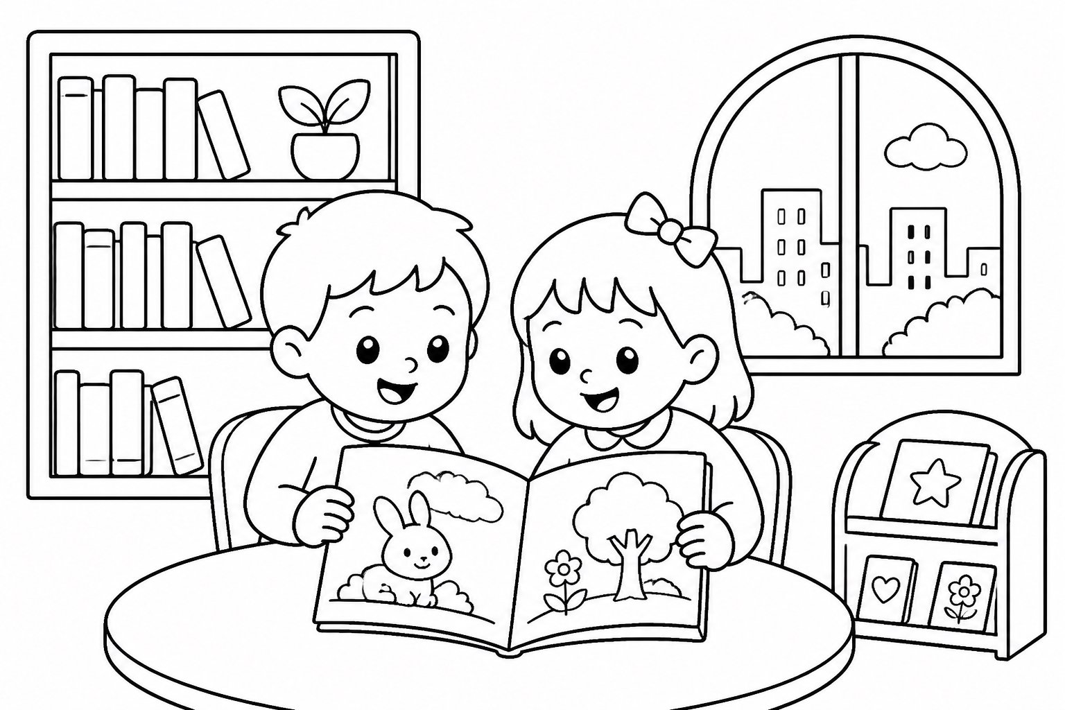 Leyendo un libro ilustrado en la biblioteca