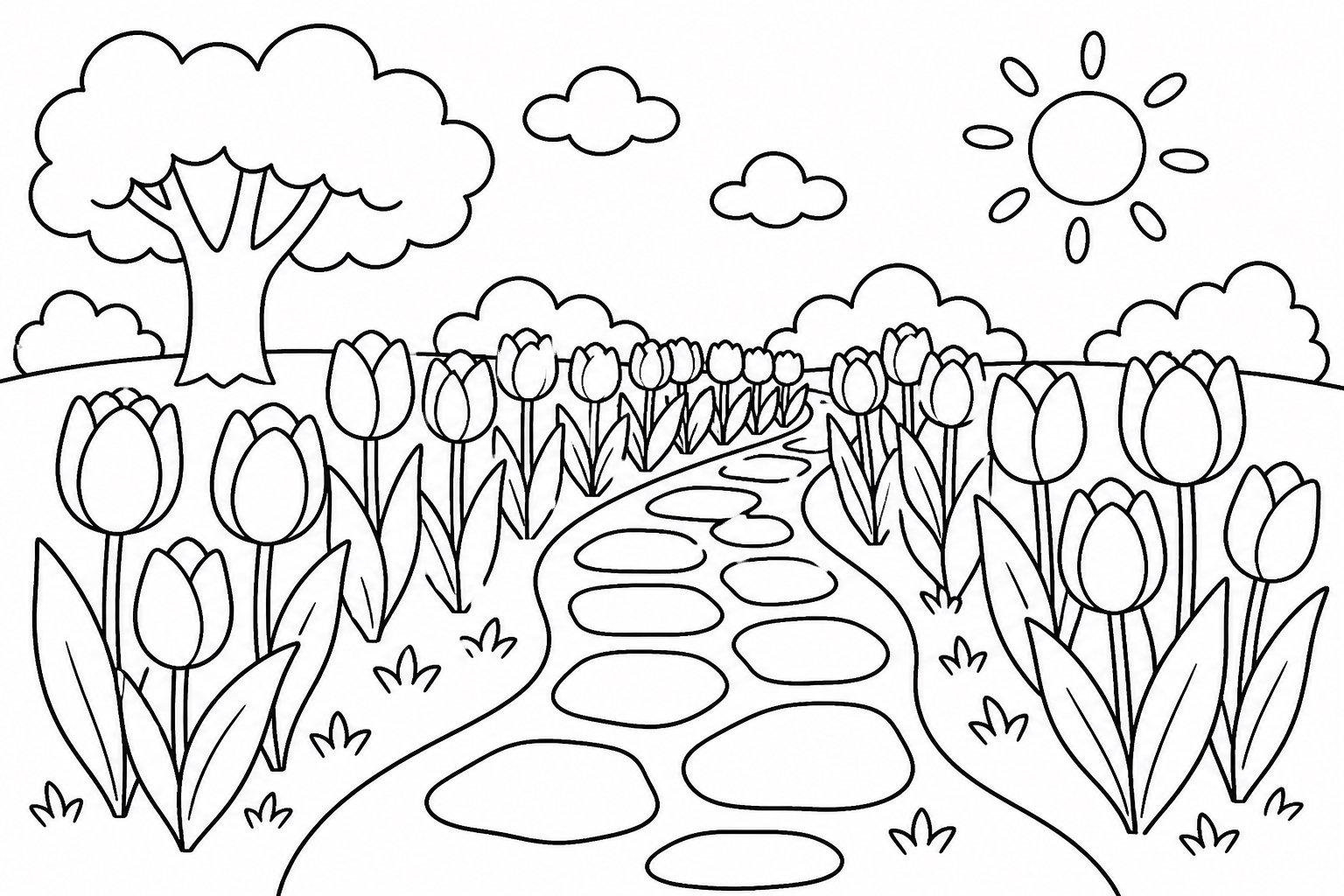 Sendero bordeado de tulipanes